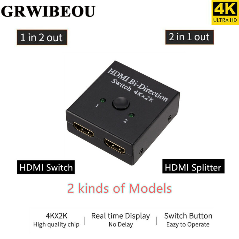 Grwibeou Switcher 4K X 2K Uhd 2 Poort Bi-Directionele Handleiding 2X1 1X2 hdmi Ab Schakelaar Hdcp Hdmi Splitter Ondersteunt 4K 1080P Voor Monitor