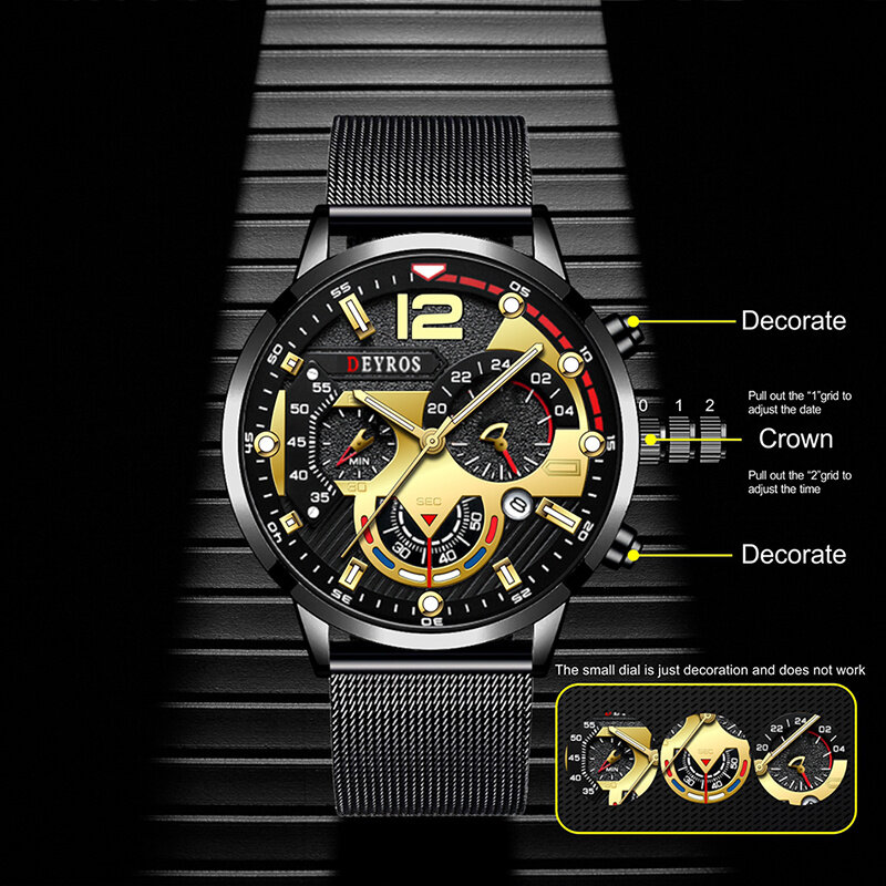 reloj hombre Reloj ejecutivo de cuarzo para hombre, cronógrafo con correa de malla de acero inoxidable, con calendario, de cuero luminoso, 2022