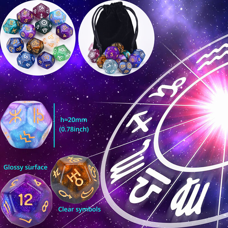Astrology 12-Sided Dice Planets, Signs, Numbers for Divination Tarot Games – Nebula, Glitter, Swirl, White Wisps