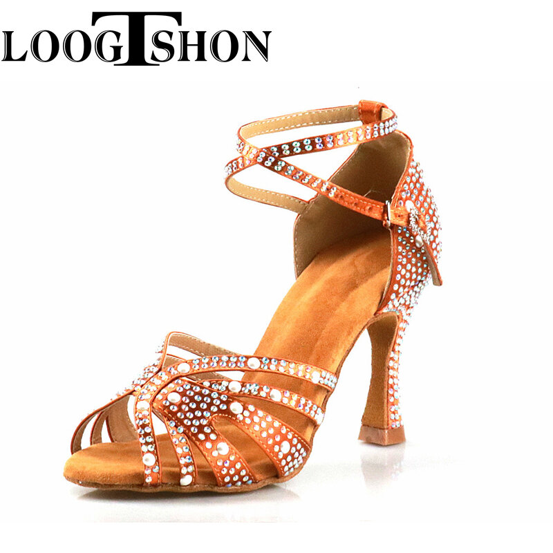 Loogtshon-zapatos de baile latino profesionales con diamantes de imitación, calzado de baile para mujer, color rosa y negro, 9CM