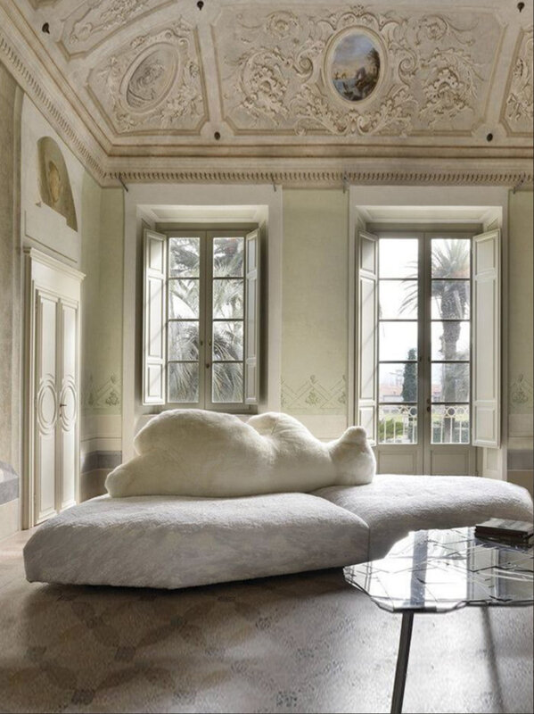 Sofá con respaldo de oso polar, sofá esquinero de color blanco grande con arco circular creativo, tejido esponjoso personalizado, forma especial