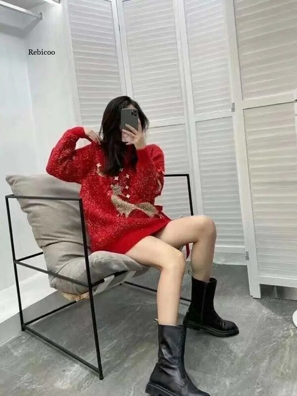 Natal Desain Sutra Cerah Rusa Wanita Sweter Malas Longgar Atasan Leher Bulat 2021 Musim Dingin Baru Korea Wanita Sweater Rajut Pullover