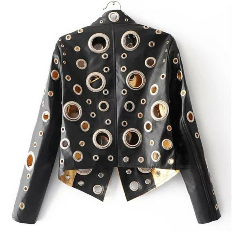 Moda europea e americana colletto alla coreana giacca in pu cappotto sciolto luminoso traforato anello in metallo decorazione pu giacche cappotti nero XL