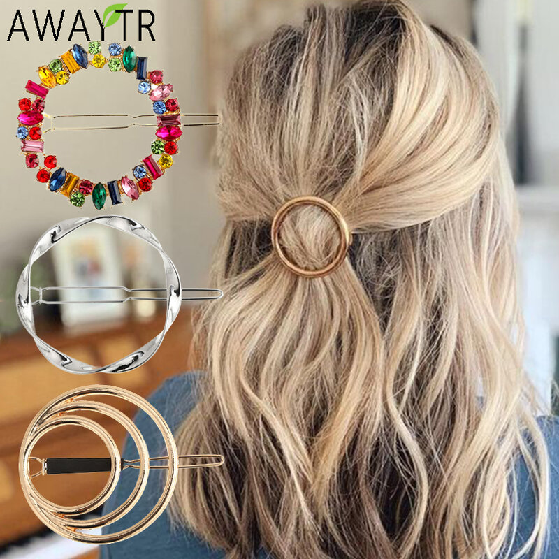 Women Girl Hair Clips Barrette Gold Silver Metal Circle Geometry Hair Grips Korean Crystal Pear Hairpins Holder Hair Accessories