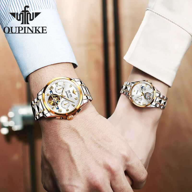OUPINKE jam tangan pasangan Tourbillon, sepasang untuk pria dan wanita mewah merek Top mekanis otomatis hadiah kekasih