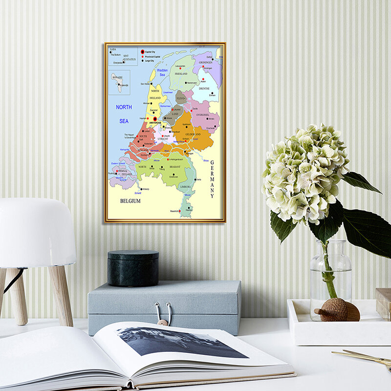 Plakat ścienny Holenderska seria Holandia Mapa Płótno 42 * 59 cm Przezroczysty i łatwy do odczytania obraz ścienny na przybory szkolne