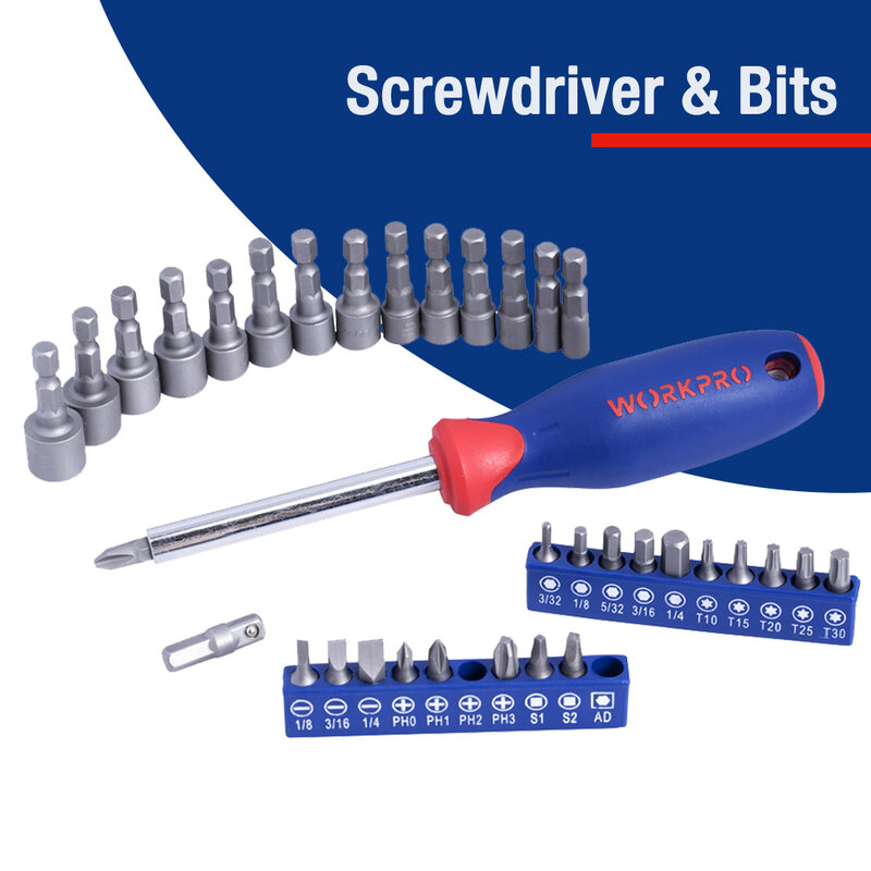 WORKPRO-Chave e soquete Tool Set, Conjunto de Ferramentas Mecânico para Reparação Automóvel, Adaptador Universal Joint, Torque Wrench, Hex Key, 24-164 Pcs