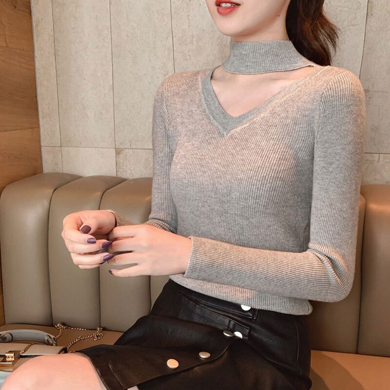 Женская тонкая вязаная одежда, осенний свитер с v-образным вырезом и длинными рукавами, повседневные трикотажные топы