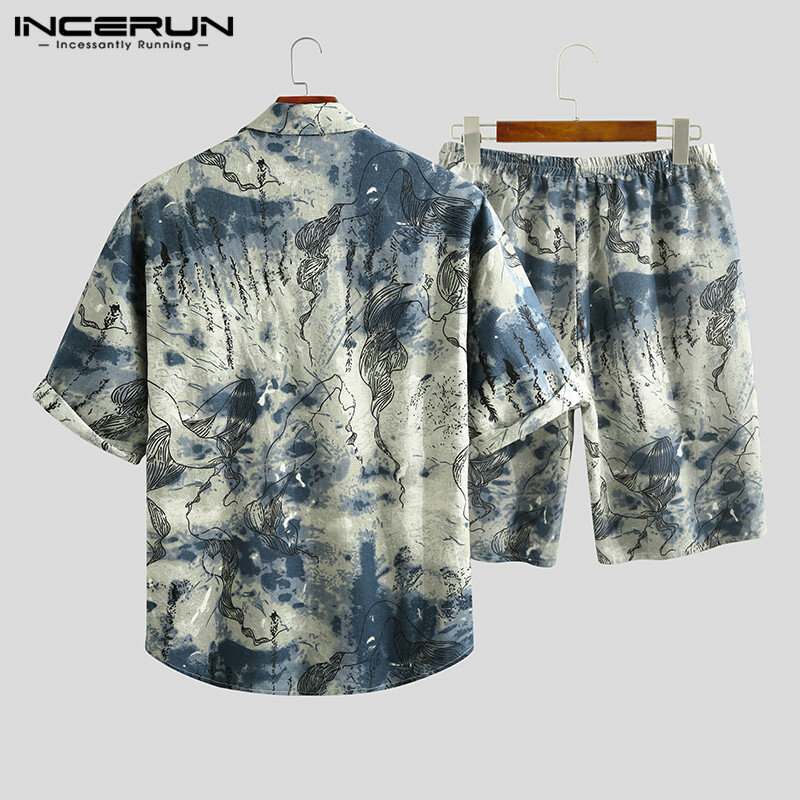INCERUN Men's Sets Printing Half Sleeve Streetwear Cotton Pockets Lapel Shirt Vintage Shorts Summer Casual Men Clothes Suit 2020