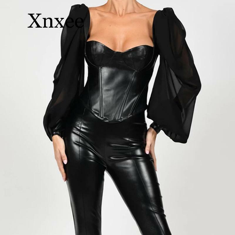 Square Collar PU Leather Sexy Backless Puff Sleeve Blouses Women Off Shoulder Tops Female Shirts Blusa Sheer Mesh pu leather top