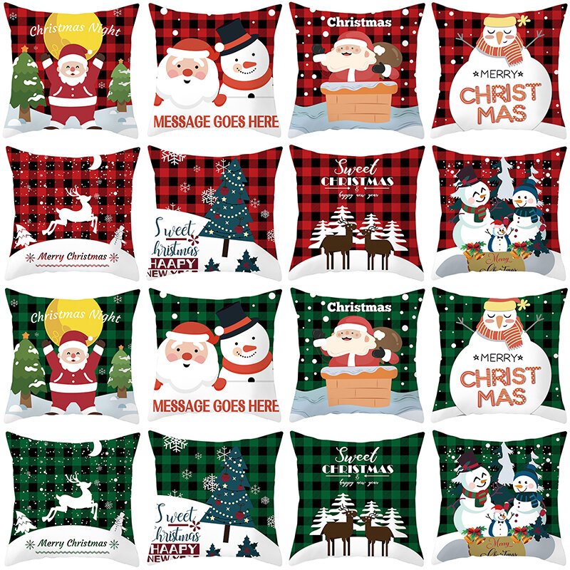 Cartoon Printed Plaid Pillow Covers 18x18in Christmas Party Decorative Cushion Cover Red Green Buffalo Lattice Throw Pillowcase
