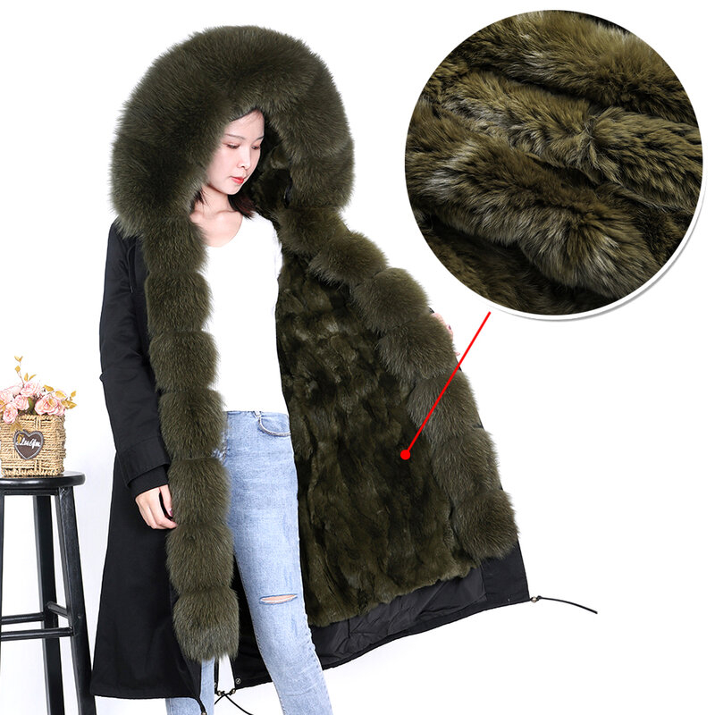 2020 new army green fox fur over-the-knee pie overcame women's thick rabbit fur liner winter long jacket top detachable