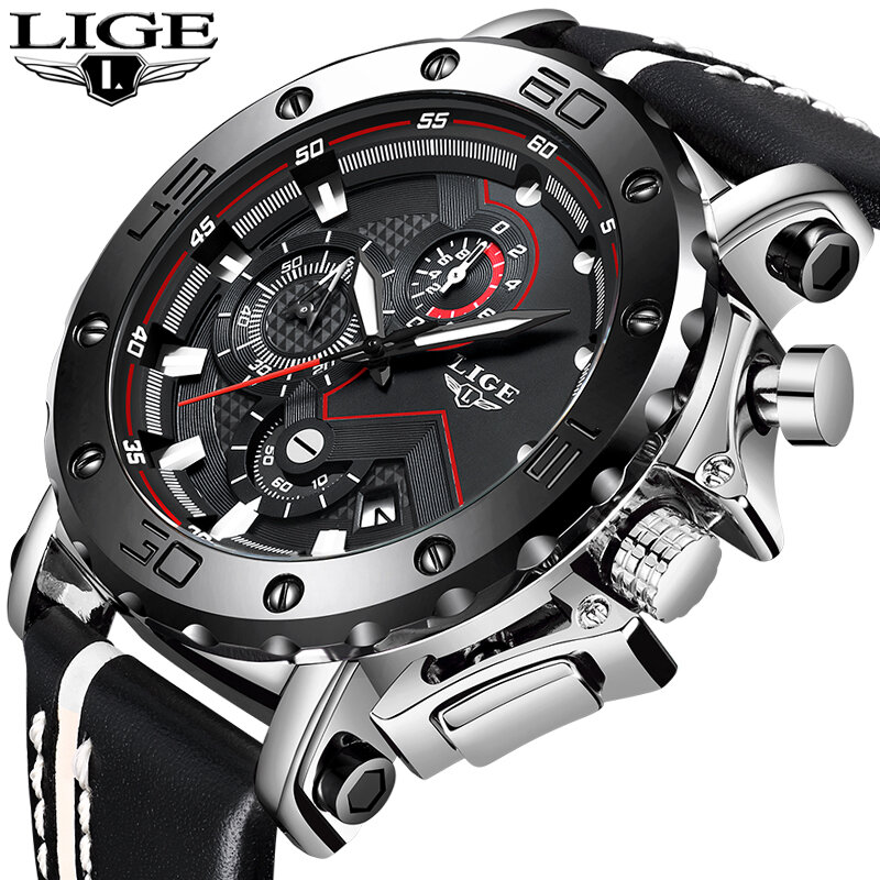 LIGE New Watches Mens Top Luxury Brand Military Sport Quartz Men Watch Leather Waterproof Luminous Large Dial Relogio Masculino
