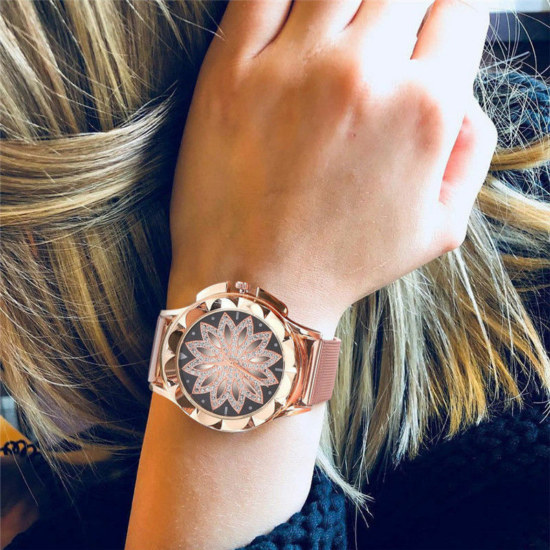 Relógio de pulso feminino pulseira de malha de aço inoxidável mostrador de flor de cristal de ouro rosa