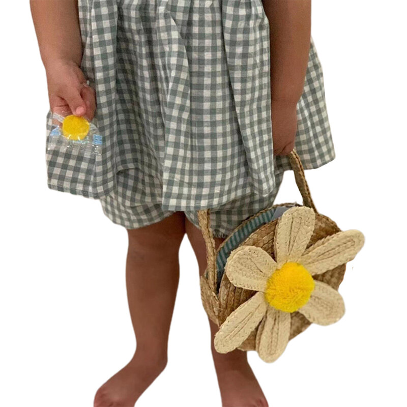Enfants filles sac fourre-tout grande ouverture enfants filles Daisy paille haut-poignée sacs rond léger Portable sacs à main