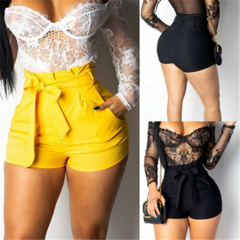 Women High Waist Shorts Bow Tie Belt Wide Leg Shorts Female Summer A-Line Loose Solid Yellow Black White Lace Up Shorts Women