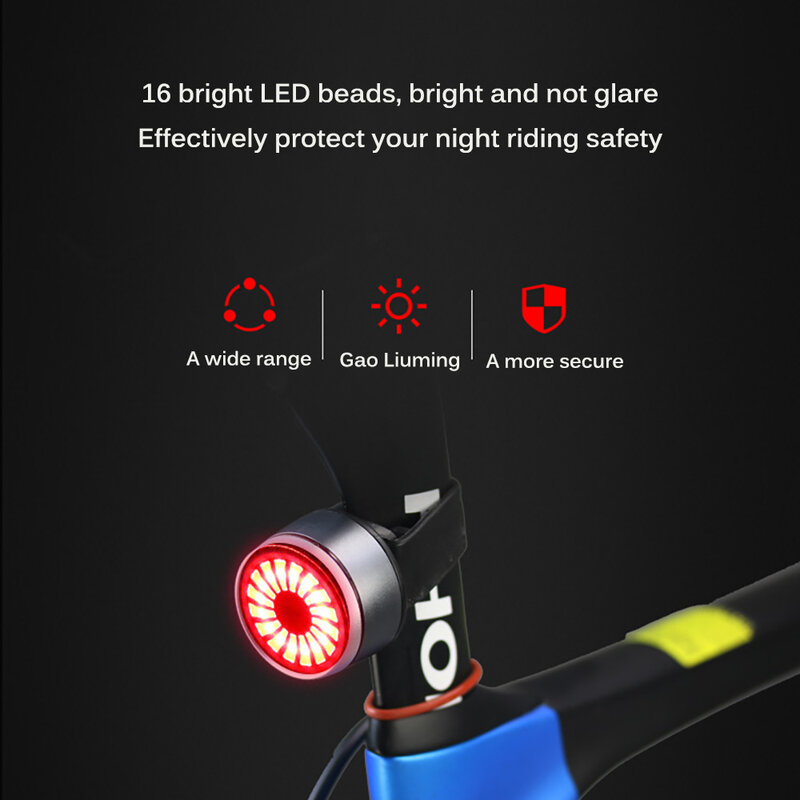 Luz LED de freno inteligente para bicicleta, lámpara estroboscópica de advertencia de seguridad, resistente al agua, recargable vía USB, 5 modos