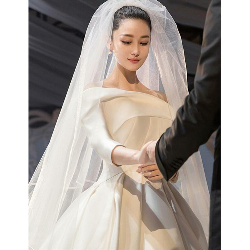 Véu de noiva longo com borda da fita, véu de noiva com duas camadas, acessório para festa de casamento