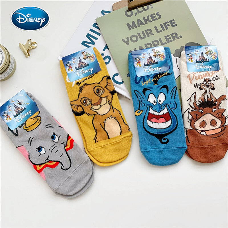 1 pasang Sanrio Mickey Lion King Simba/Aladdin lampu Tuhan/Dumbo kaus kaki gambar kartun Harajuku kaus kaki pendek dewasa
