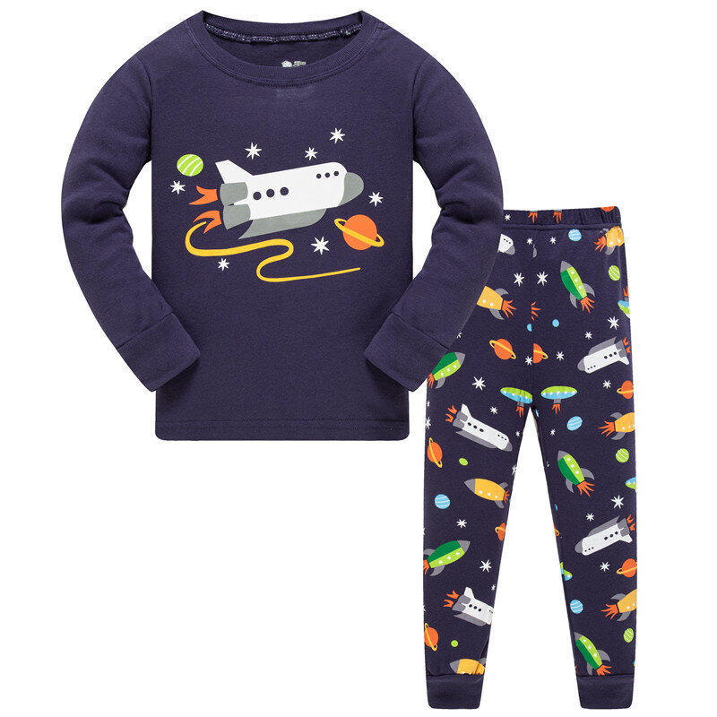 Crianças conjunto de pijamas crianças dos desenhos animados série nave espacial pijamas 100% algodão meninas meninos aconchegante roupa de noite da família pijamas
