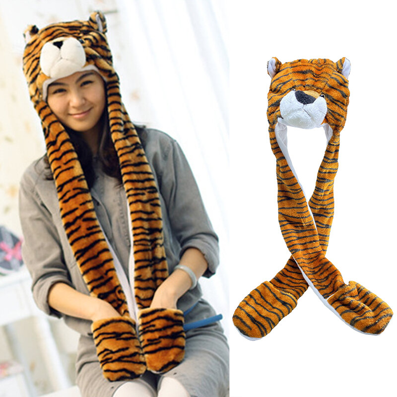 Cappellini Fuzzy invernali a forma di testa di tigre con strisce e orecchie mobili realizzate pizzicando i tappi delle zampe per mantenere caldi i guanti della sciarpa