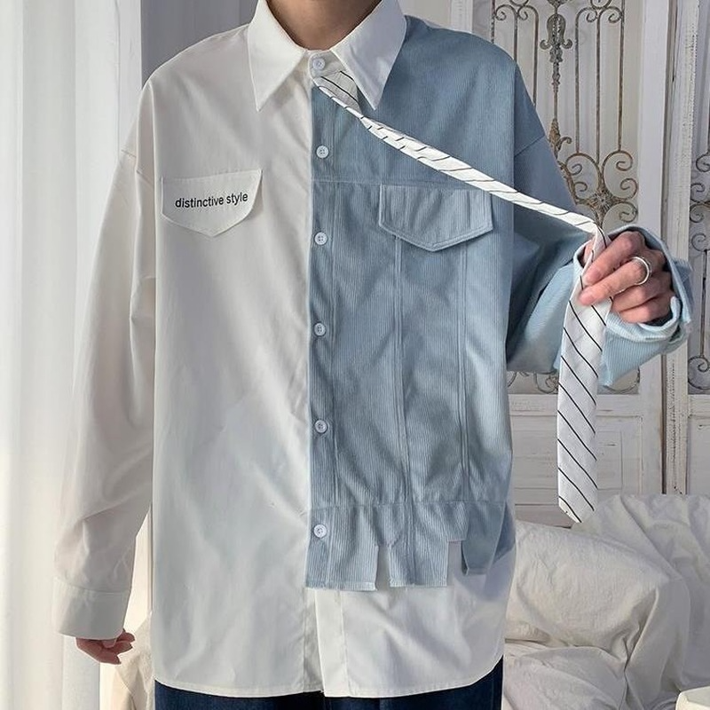Jesienne koszule z długim rękawem męskie 2021 nowy projekt fałszywe dwuczęściowe patchworkowe bluzki z krawatem moda koreańska męska koszula z guzikami