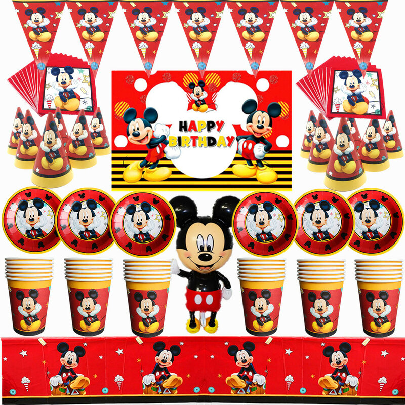 สีแดง Mickey Mouse เด็กธีมวันเกิด Party Arrangement ตกแต่งถ้วยกระดาษวาดธงผ้าปูโต๊ะที่ใช้แล้วทิ้ง