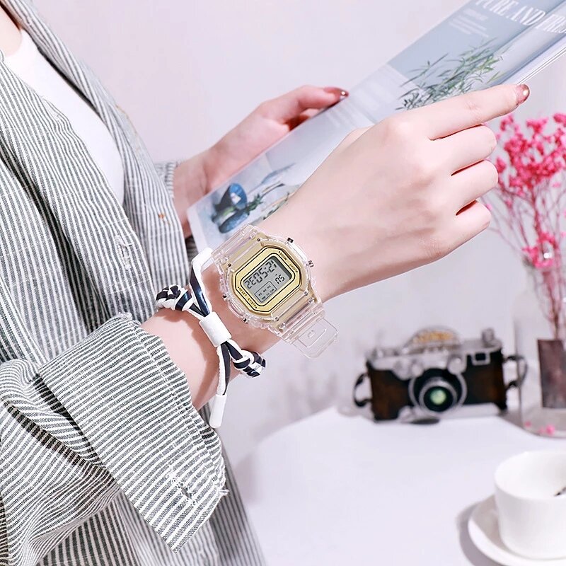 Relógio de Pulso Quadrado Digital Transparente Feminino, Relógios Esportivos, Relógio Eletrônico, Transporte da Gota, Nova Moda
