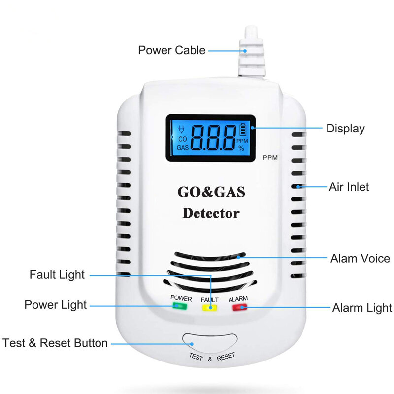 Detector de humo y monóxido de carbono, combinación de alarma de Sensor de CO de humo con indicador LED integrado, alerta de sirena, 110dB