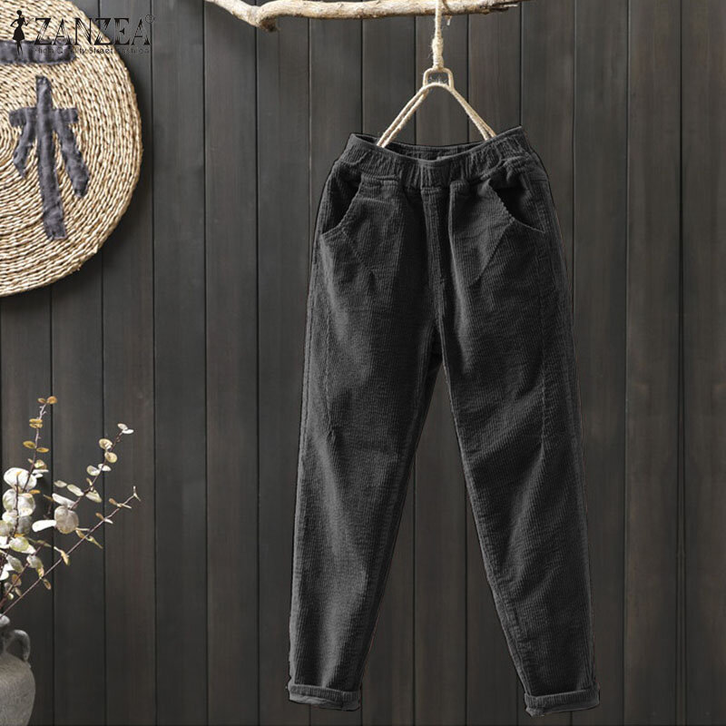 ZANZEA-pantalones bombachos de pana para mujer, calzas largas y elásticas, estilo Palazzo, para otoño e invierno, 2023