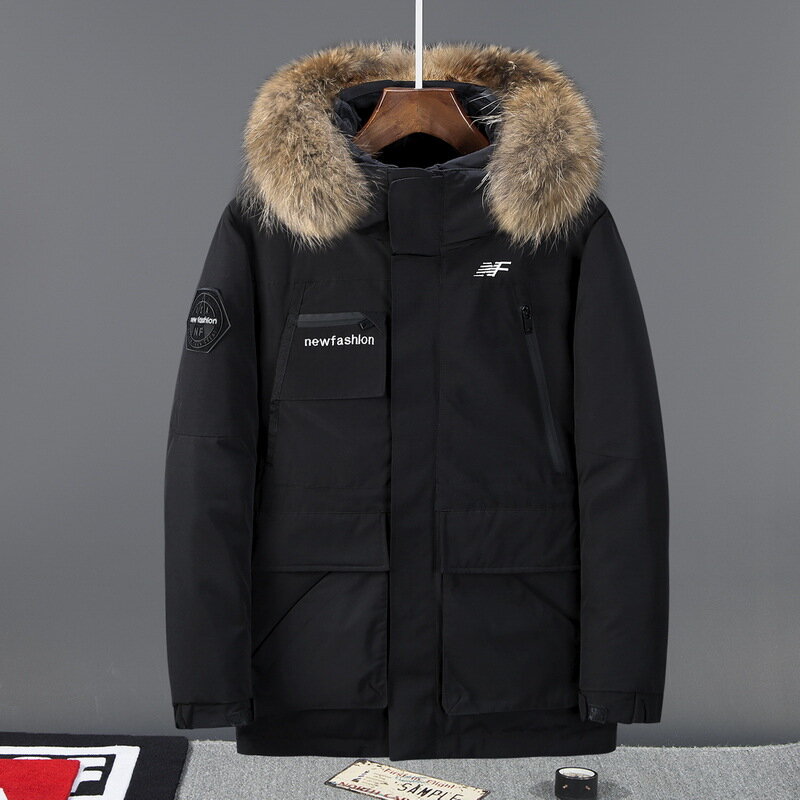 男性用の冬用の暖かいジャケット,厚い白い毛皮の襟付きのジャケット,パーカー