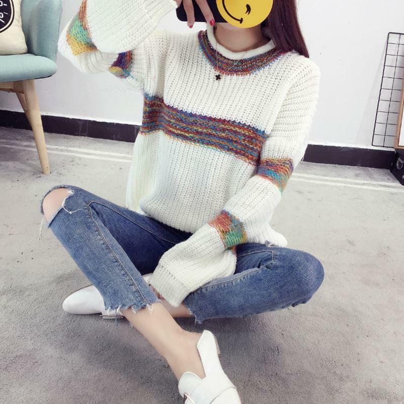 Sweter Tebal Pullover Leher Bulat Kontras Garis Musim Gugur/Dingin 2020 Mode Sweter Tipis Longgar Malas Wanita