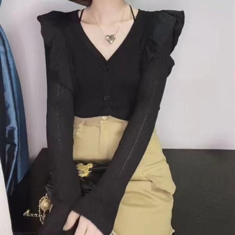 Женская Однотонная рубашка с V-образным вырезом, длинным рукавом и оборками