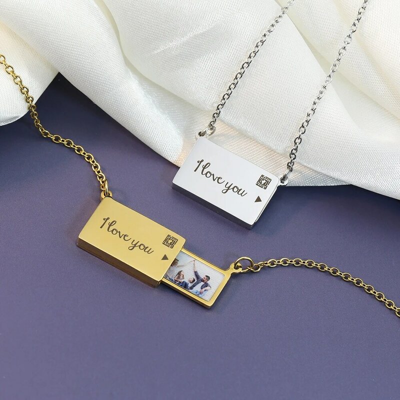 Collier pendentif enveloppe en acier inoxydable personnalisé, message photo, cadeau de bijoux pour petite amie