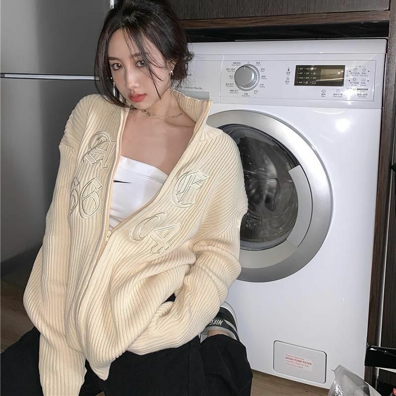 Sweater Wanita Pullover Zip-Up Kardigan Longgar Lengan Panjang Pakaian Rajutan Chic Korea Pakaian Luar Bordir Huruf Atasan Y2k Besar