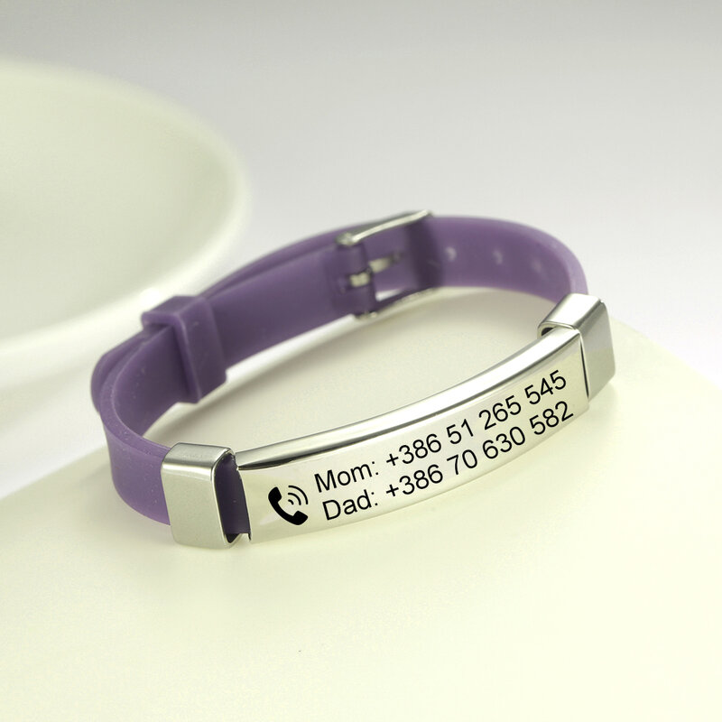 Bracelet personnalisé en Silicone souple pour enfants, réglable, pendentif en acier inoxydable, nom de téléphone d'urgence, Bracelets personnalisés