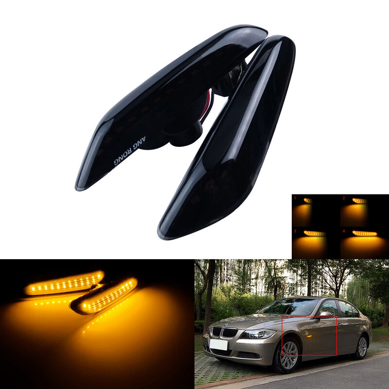 ANGRONG 2X Amber Dynamic Side Indicator LED Repeater Black Lens Light For BMW E81 E87 E90 E91 E60 E61 E84 X3