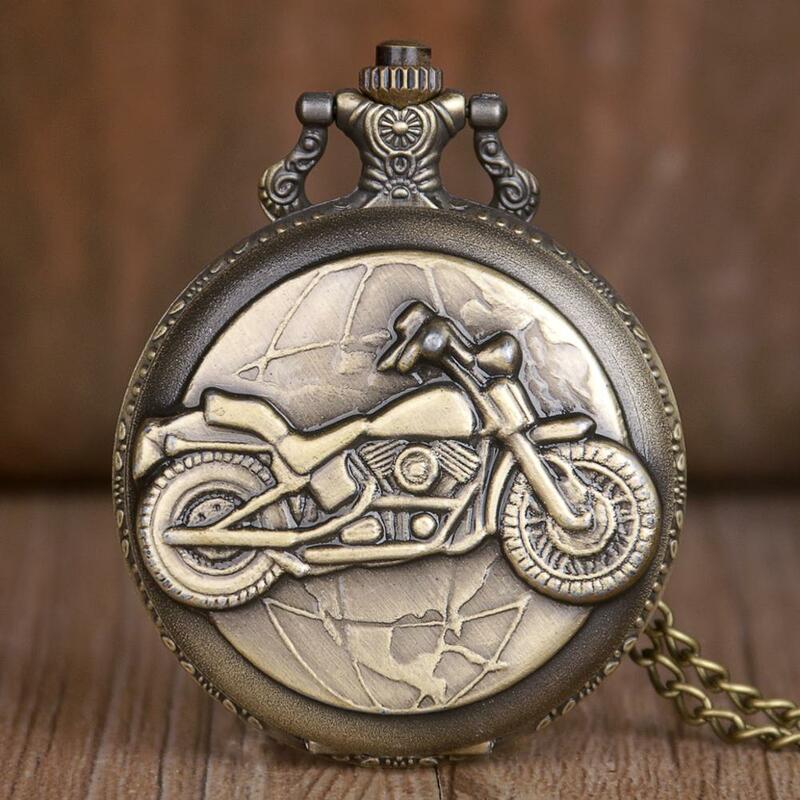 Steampunk wyświetlacz motocyklowy brązowy zegarek kieszonkowy kwarcowy Retro zegarek Fob Chain dla kobiet mężczyzn