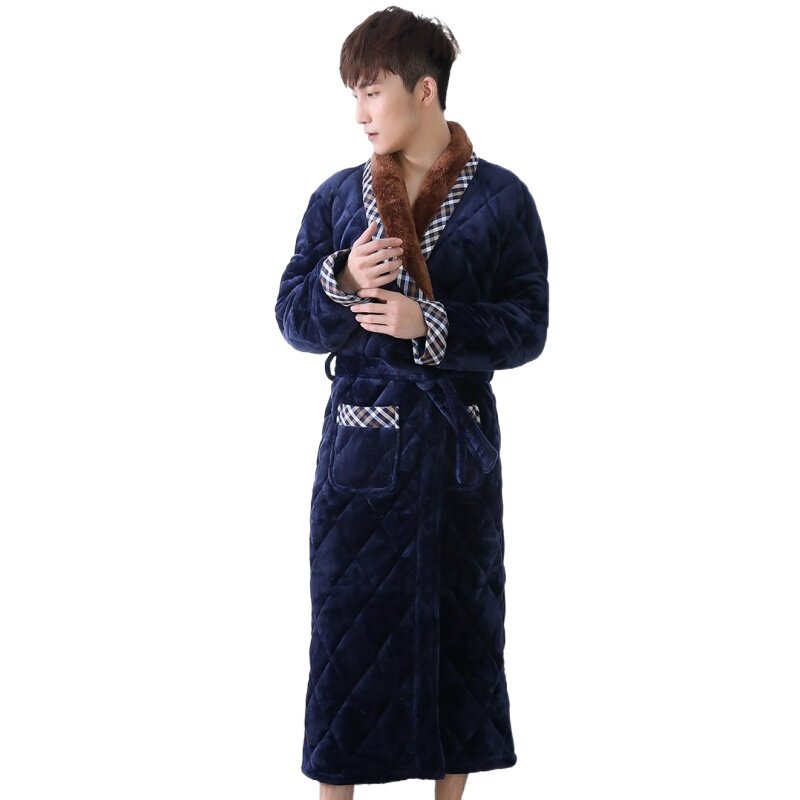 Winter Men Three Layers Quilted Bathrobe Thick Flannel Robe Sleepwear Big Yards XXXL Kimono Stitching Bathrobes Male Warm Lounge