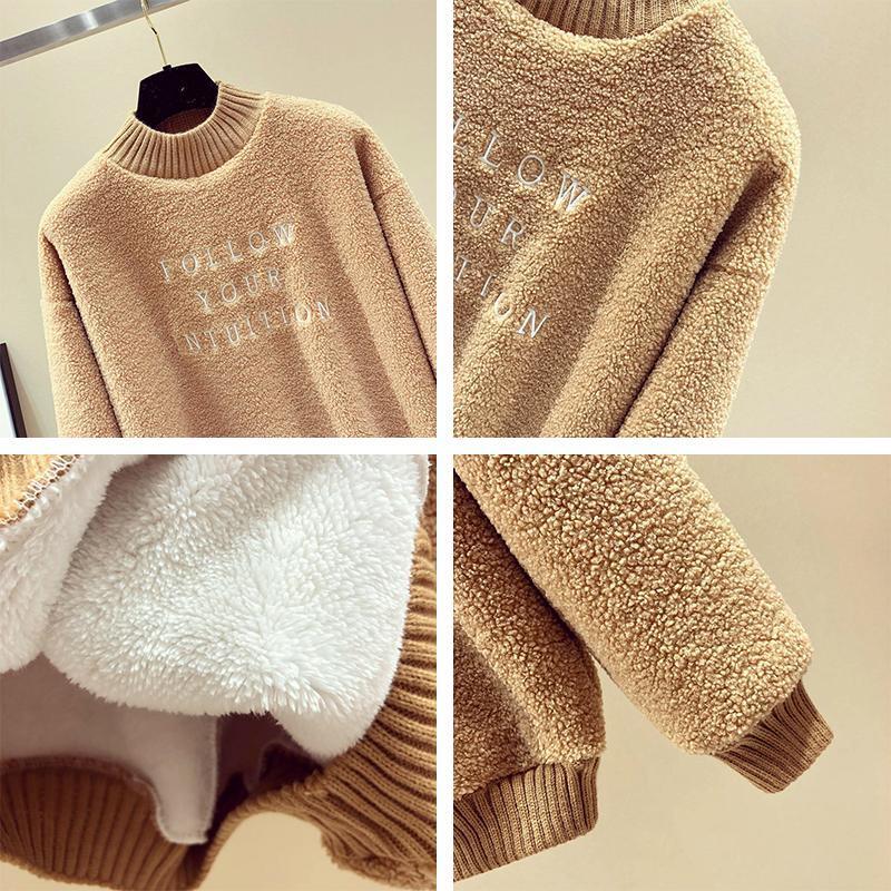 Sudadera de lana de cordero para mujer, jersey de talla grande, Cuello medio alto, terciopelo, invierno, 2020