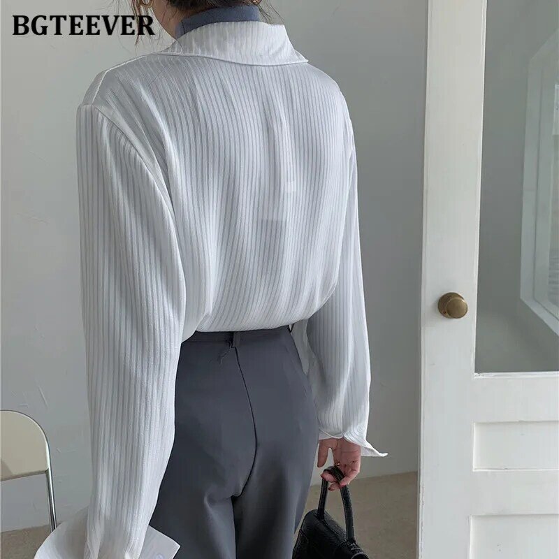 BGTEEVER สำนักงานสุภาพสตรีลายผู้หญิงเสื้อแขนยาวหลวมเสื้อผู้หญิง Elegant ฤดูใบไม้ผลิ Blusas Mujer 2021