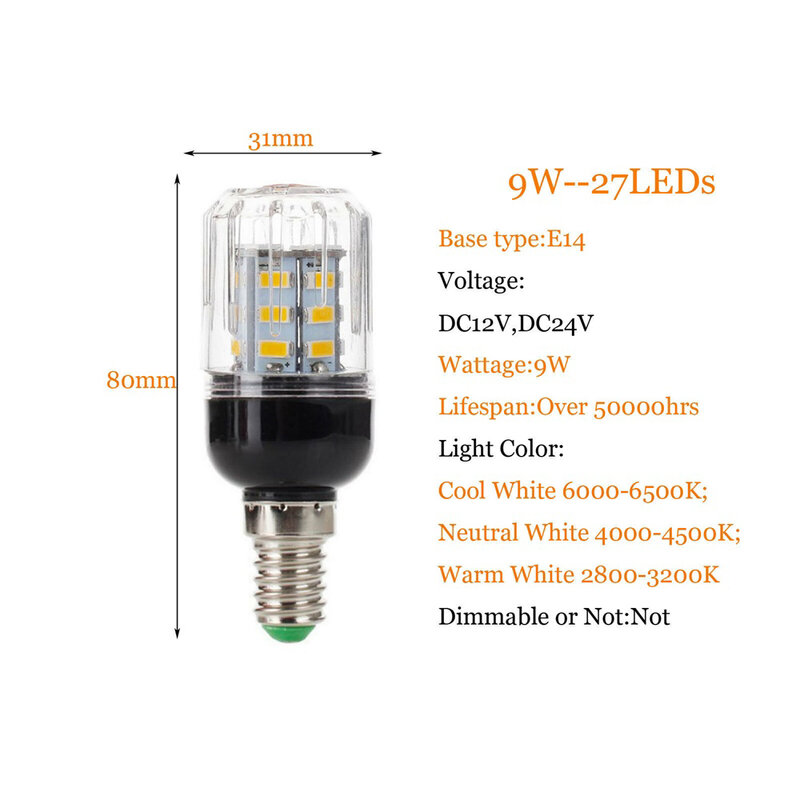 DC 12V/24V E27 E26 E12 E14 LED Corn Light Bulbs 9W 27LEDs Electric lamps Table Lamp Spotlights for Home Indoor Lighting