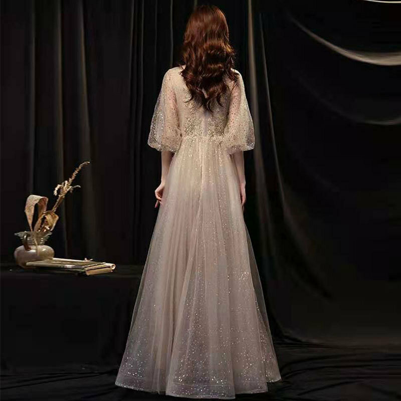 Vestido feminino pageant v-neck ilusão meia manga elegante vestidos de festa andar de comprimento lantejoulas a linha bordado vestido de noite