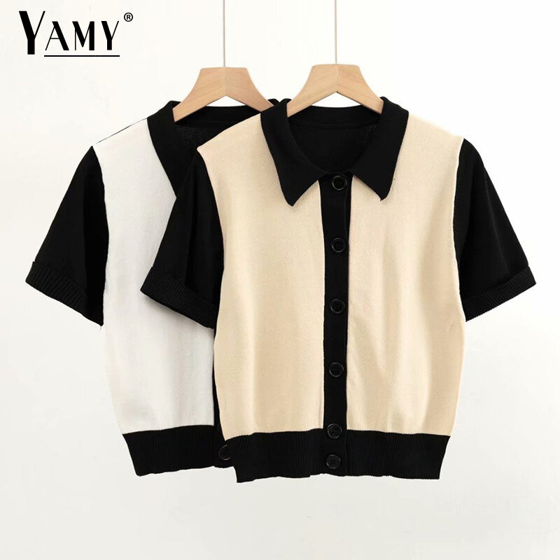 Camisas vintage de verão para mulheres, tops e blusas femininas sensuais, roupas de designer coreano, camisas com botões, kawaii, crop top, patchwork