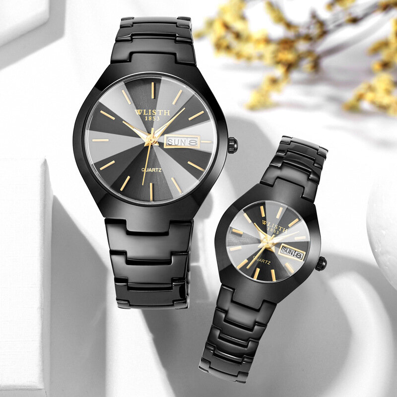Relógio de pulso masculino e feminino wlisth, relógio de quartzo em aço inoxidável simples com novo estilo para casal