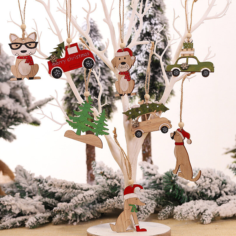 Ornements de voiture, petit arbre de noël suspendu, pendentifs en bois, Elk, animaux de dessin animé, nouvelles décorations de vacances de noël 2020