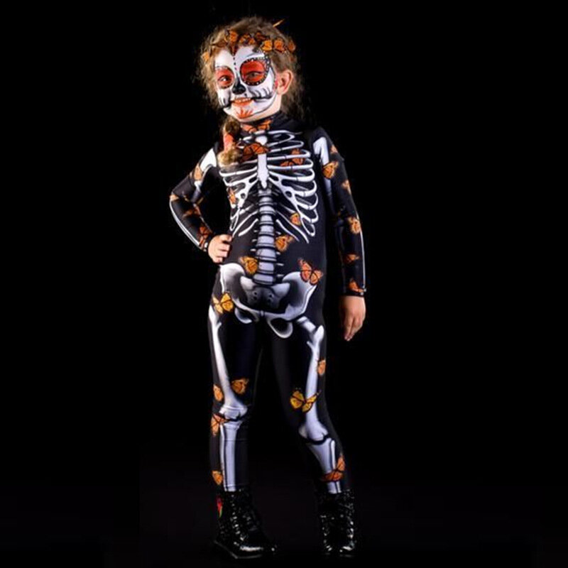 Fantasia de esqueleto 3d para adultos e crianças, fantasia assustadora, vestido de halloween, cosplay, macacão sexy, festa de carnaval, macacão de menina, dia dos mortos