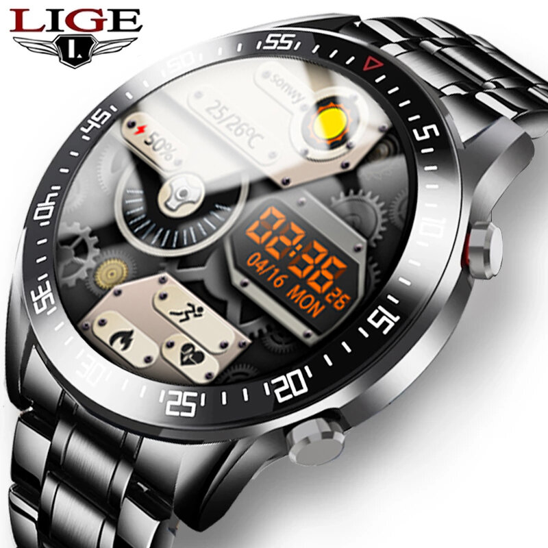 LIGE 2021ใหม่สมาร์ทนาฬิกาผู้ชายหน้าจอสัมผัสกีฬาฟิตเนสนาฬิกา IP68บลูทูธกันน้ำสำหรับ Android Ios Smartwatch Mens