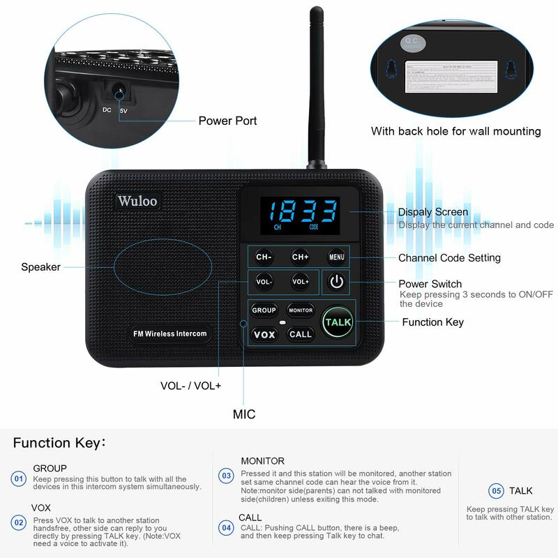 Wuloo 22-Channel FM Wireless Intercoms Home House Business Offices Room to Room Calling & Talking System 1 Mile Long Range