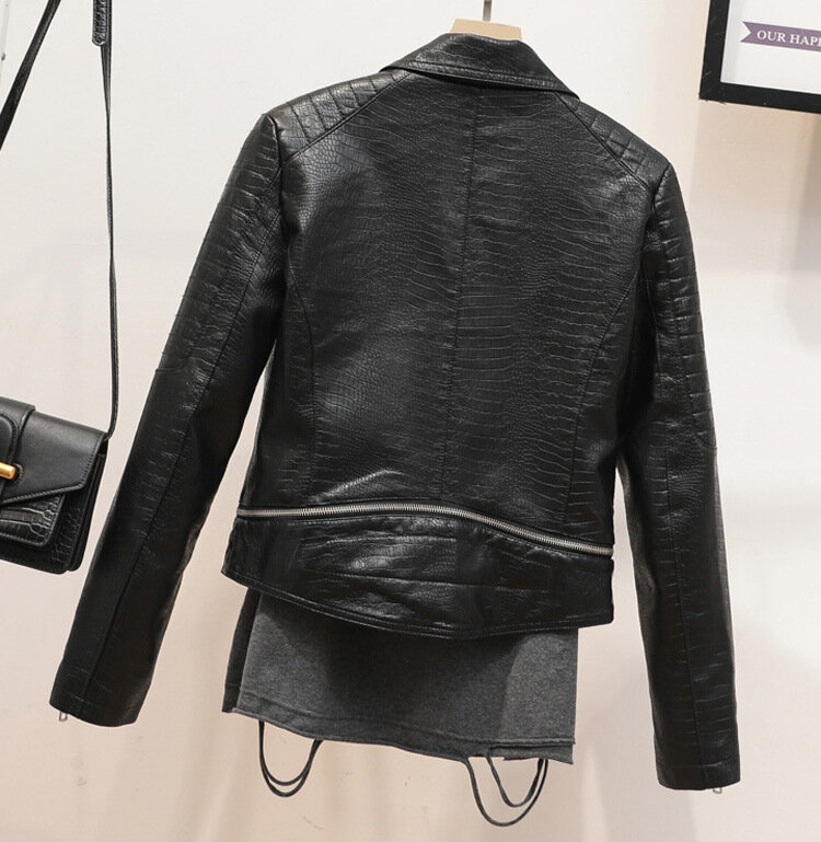Chaqueta de piel sintética con dobladillo desmontable para mujer, abrigo de motociclista con textura de piel de cocodrilo, locomotora corta, Otoño, 2021